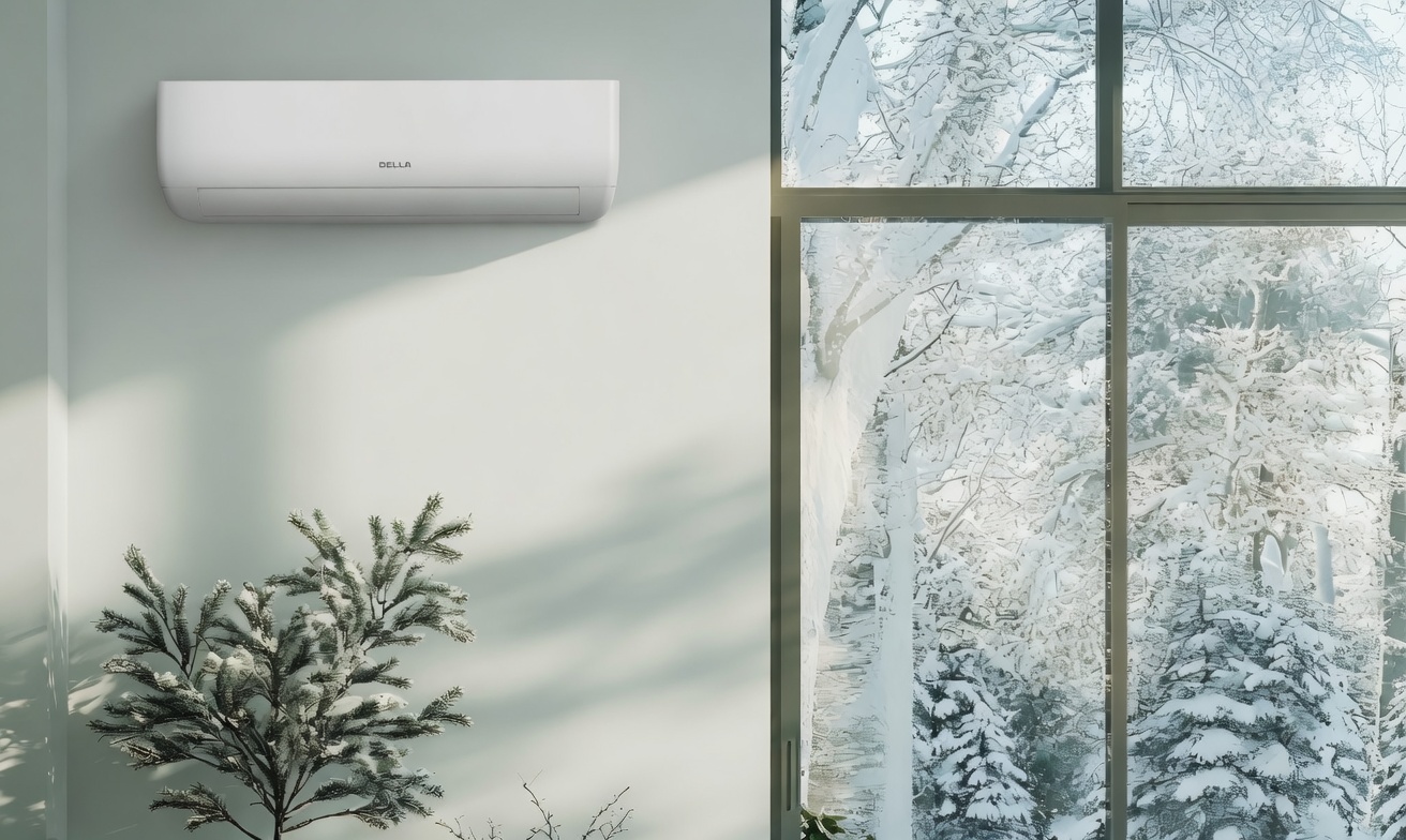 MrCool DIY 4th Gen-style indoor mini split head installed in a winter-view living room