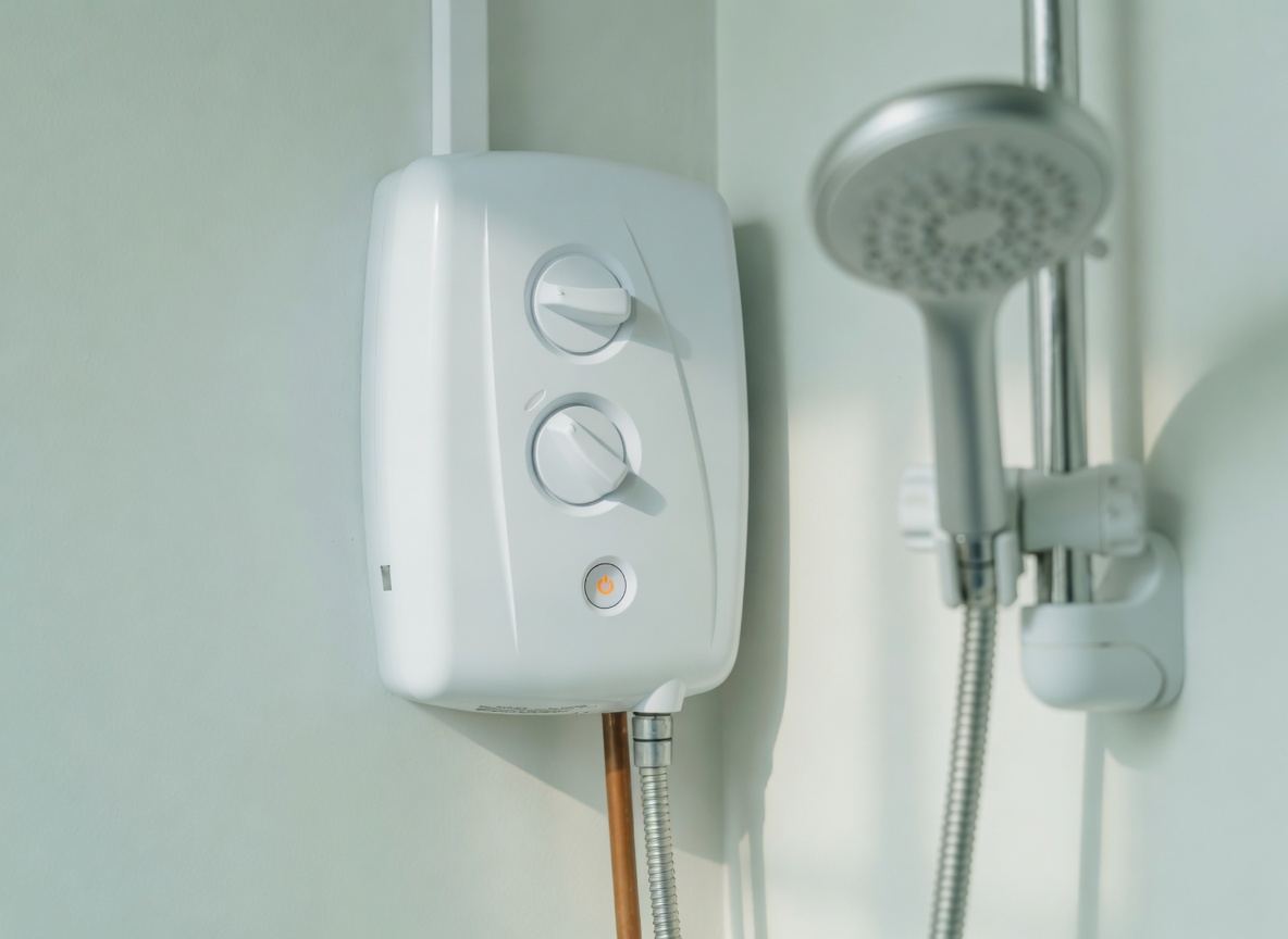 Electric point-of-use tankless water heater installed near a shower