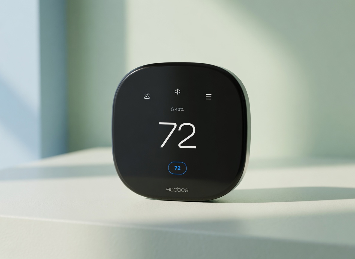 Ecobee Smart Thermostat Premium product close-up — black square touchscreen showing 72°