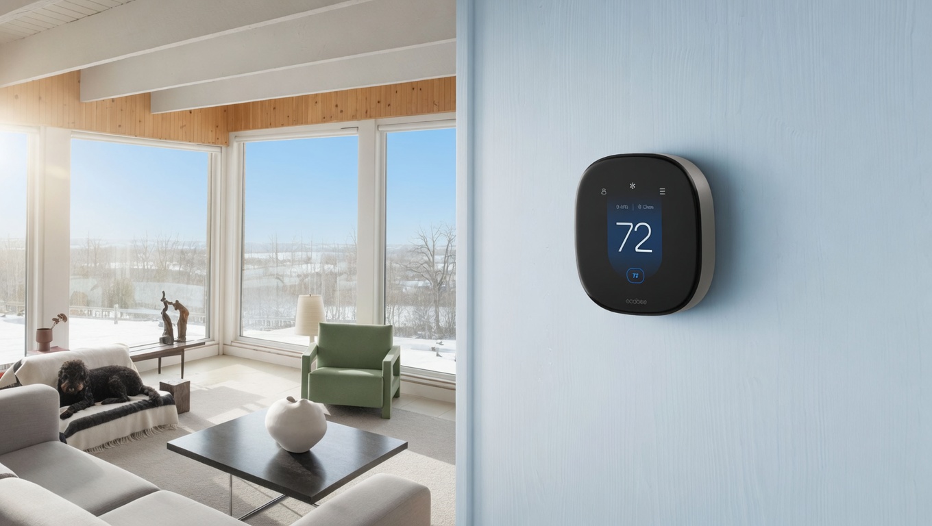 Ecobee Smart Thermostat Premium installed on a living-room wall — top pick for 2026