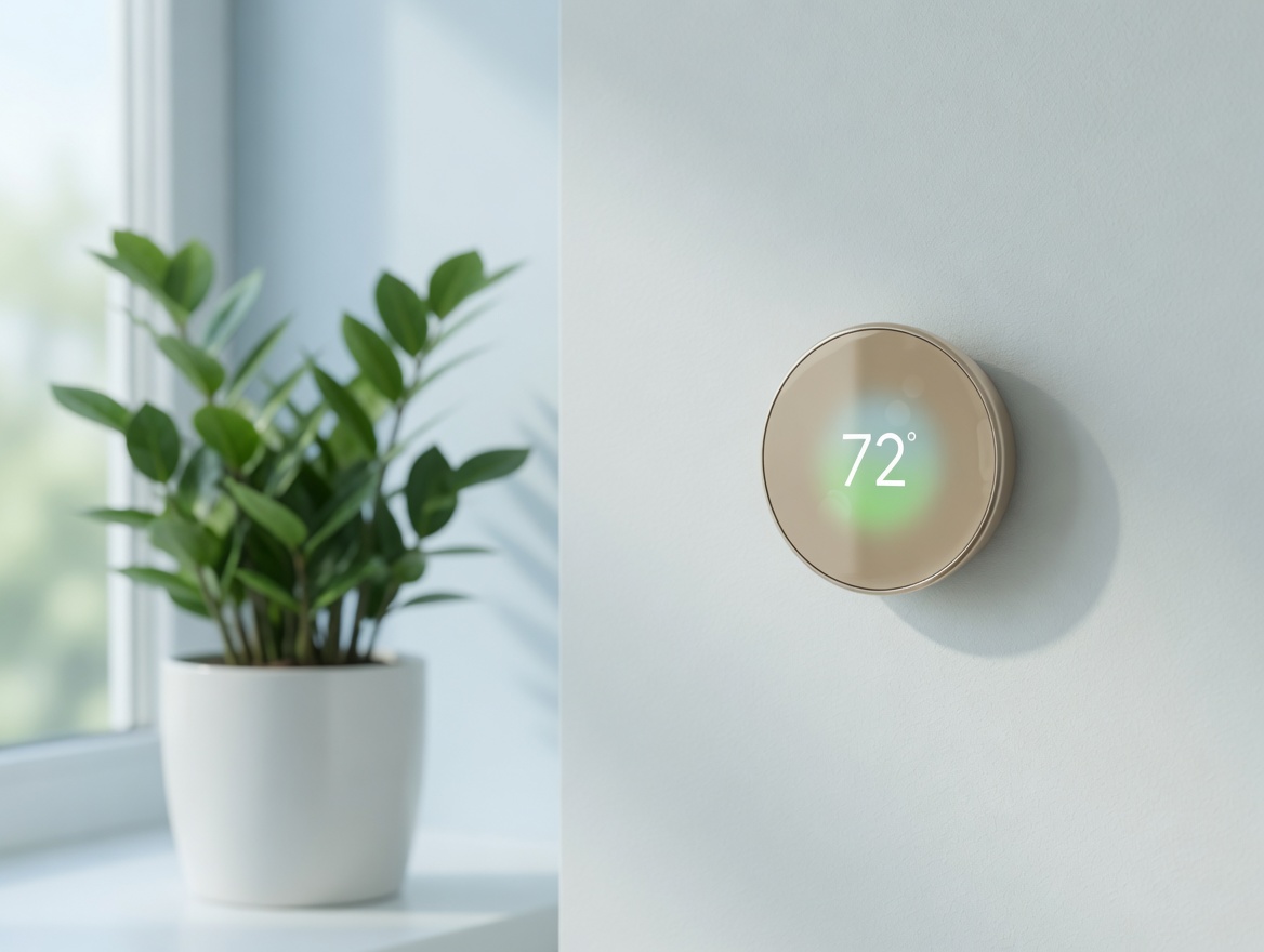 Google Nest Thermostat (entry-level) — sand-color dial showing 72° next to a houseplant